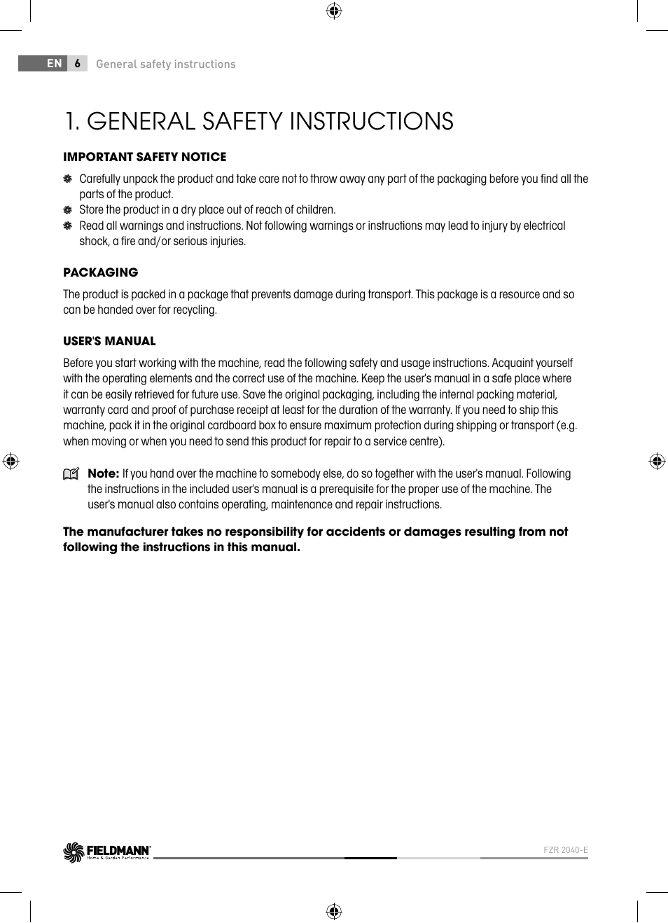 General safety instructions | Fieldmann FZR 2040-E User Manual | Page 6 / 76
