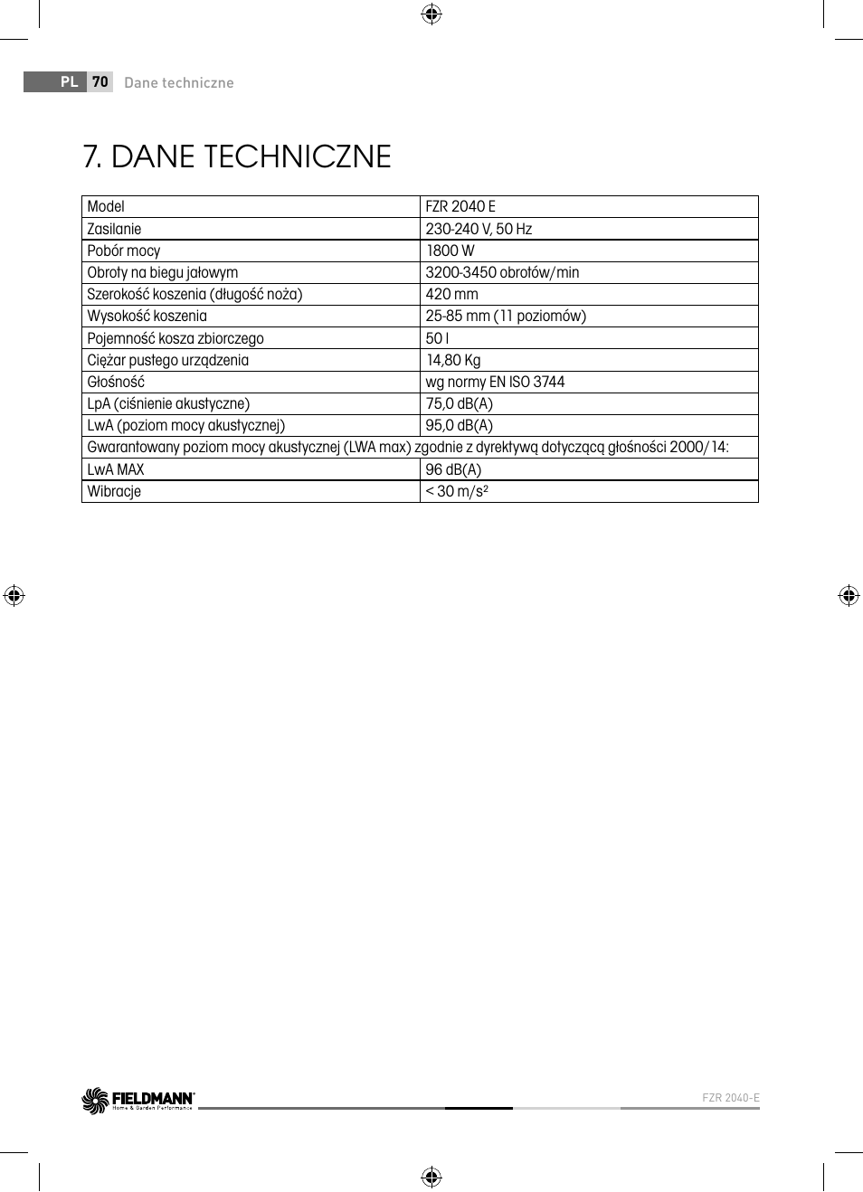 Dane techniczne | Fieldmann FZR 2040-E User Manual | Page 70 / 76