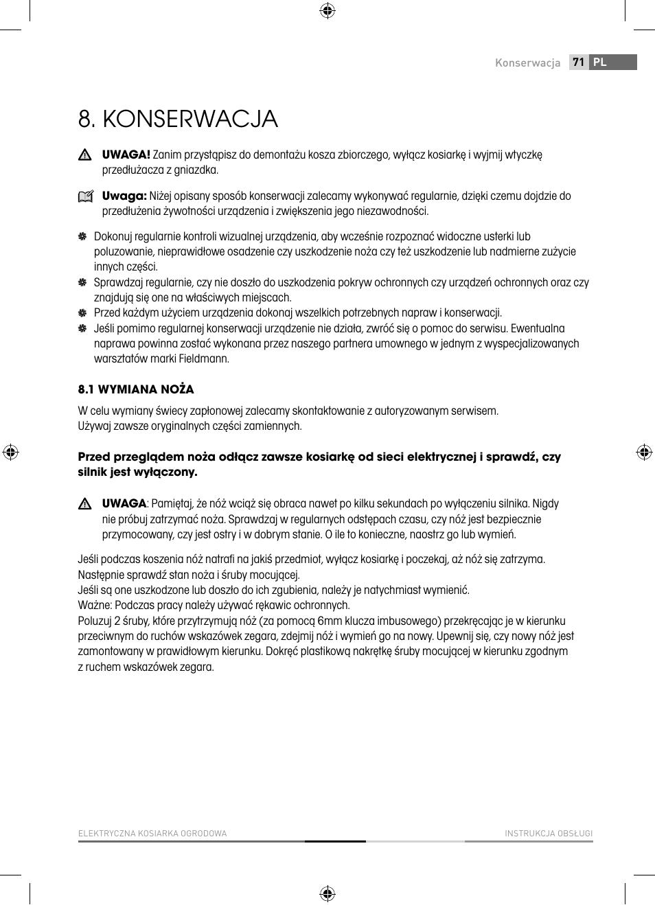 Konserwacja | Fieldmann FZR 2040-E User Manual | Page 71 / 76