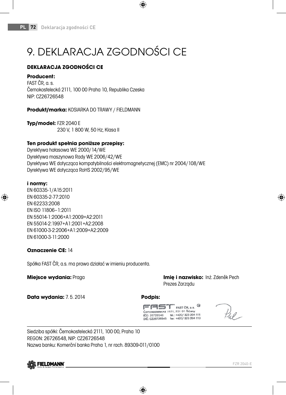 Deklaracja zgodności ce | Fieldmann FZR 2040-E User Manual | Page 72 / 76