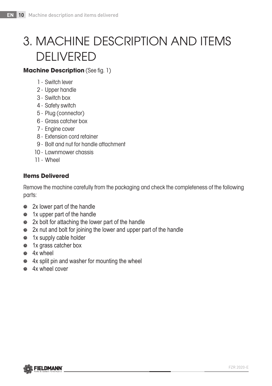 Machine description and items delivered | Fieldmann FZR 2020-E User Manual | Page 10 / 116