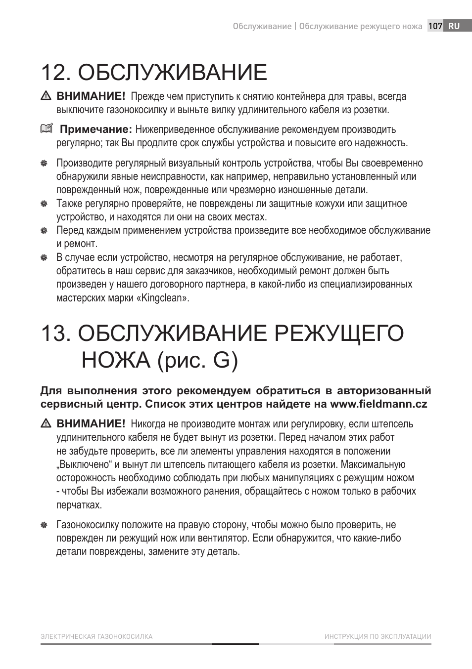 Обслуживание, Обслуживание режущего ножа (рис. g) | Fieldmann FZR 2020-E User Manual | Page 107 / 116