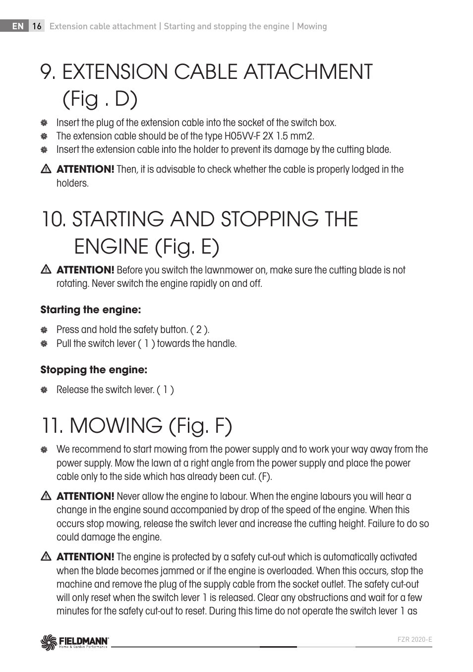 Extension cable attachment (fig . d), Starting and stopping the engine (fig. e), Mowing (fig. f) | Fieldmann FZR 2020-E User Manual | Page 16 / 116