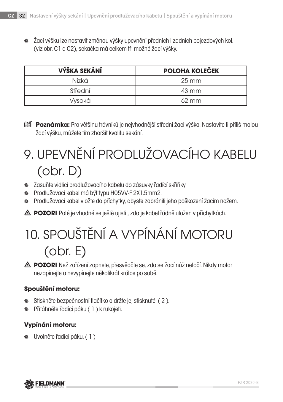 Upevnění prodlužovacího kabelu (obr. d), Spouštění a vypínání motoru (obr. e) | Fieldmann FZR 2020-E User Manual | Page 32 / 116