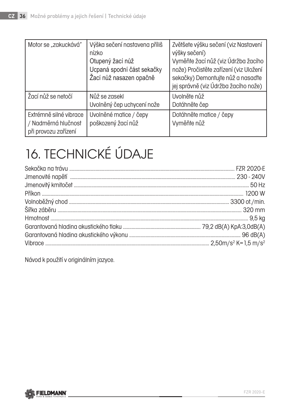 Technické údaje | Fieldmann FZR 2020-E User Manual | Page 36 / 116