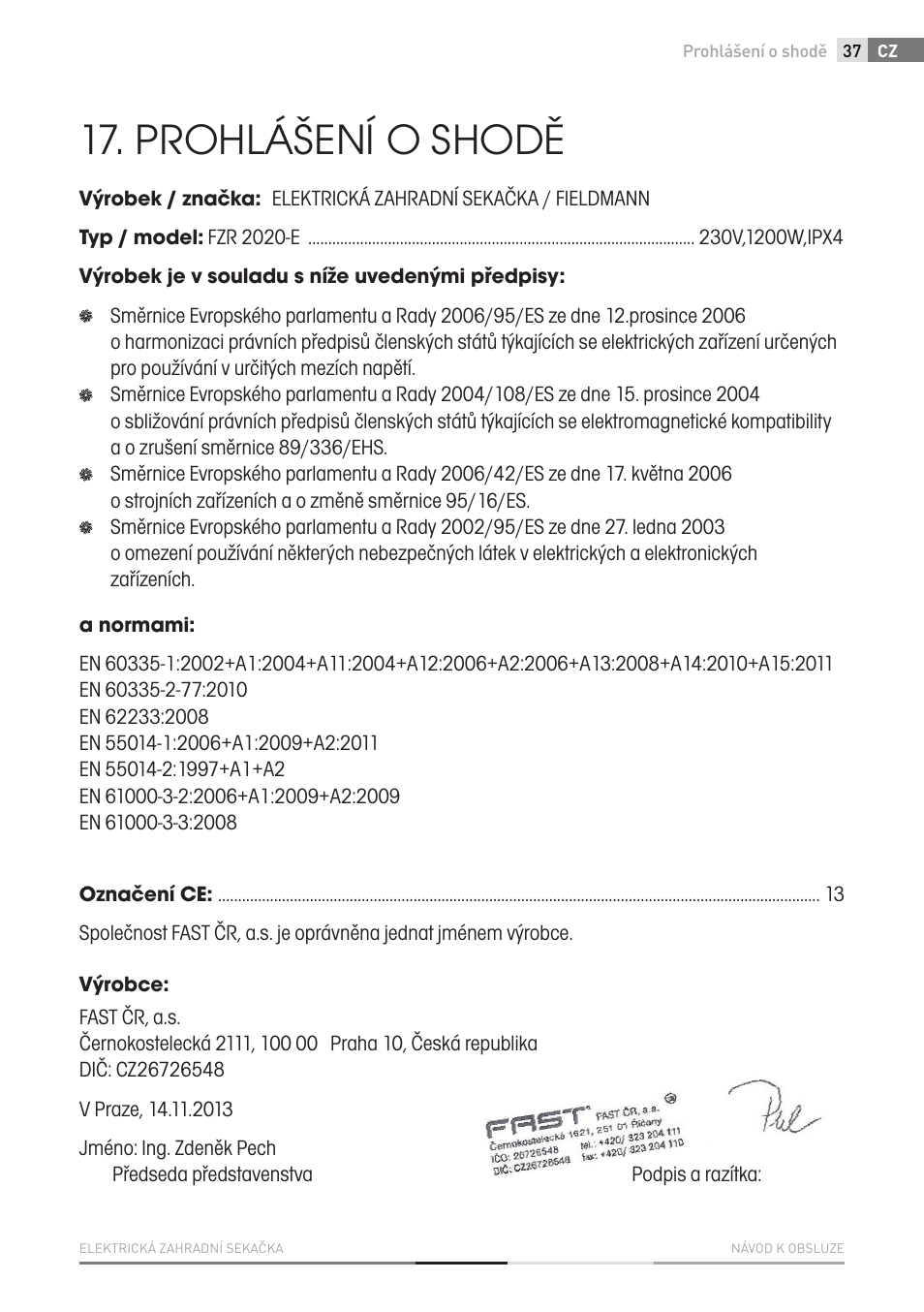 Prohlášení o shodě | Fieldmann FZR 2020-E User Manual | Page 37 / 116