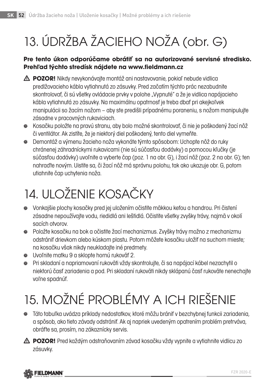 Údržba žacieho noža (obr. g), Uloženie kosačky, Možné problémy a ich riešenie | Fieldmann FZR 2020-E User Manual | Page 52 / 116