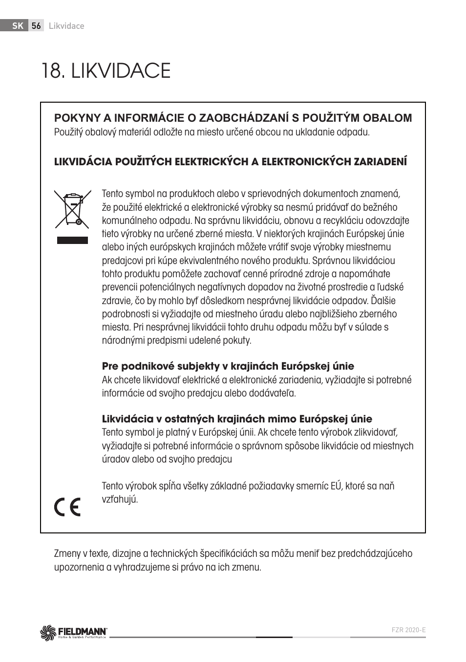 Likvidace | Fieldmann FZR 2020-E User Manual | Page 56 / 116