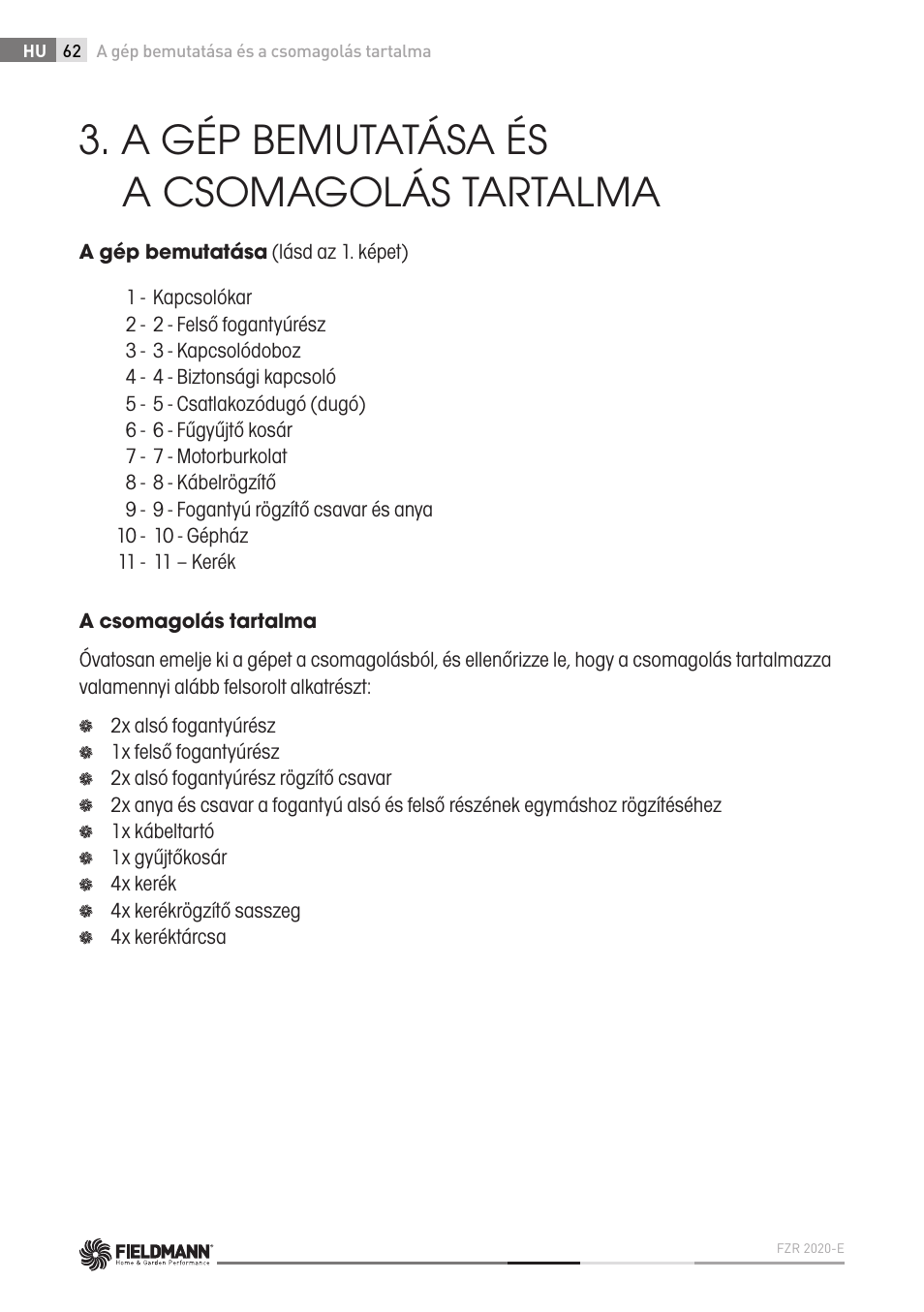 A gép bemutatása és a csomagolás tartalma | Fieldmann FZR 2020-E User Manual | Page 62 / 116