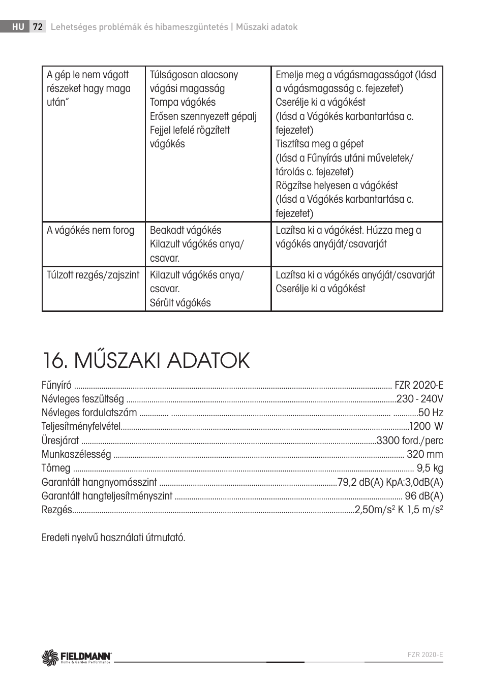 Műszaki adatok | Fieldmann FZR 2020-E User Manual | Page 72 / 116