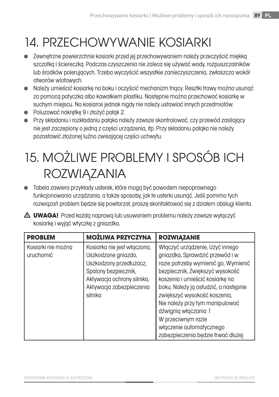 Przechowywanie kosiarki, Możliwe problemy i sposób ich rozwiązania | Fieldmann FZR 2020-E User Manual | Page 89 / 116