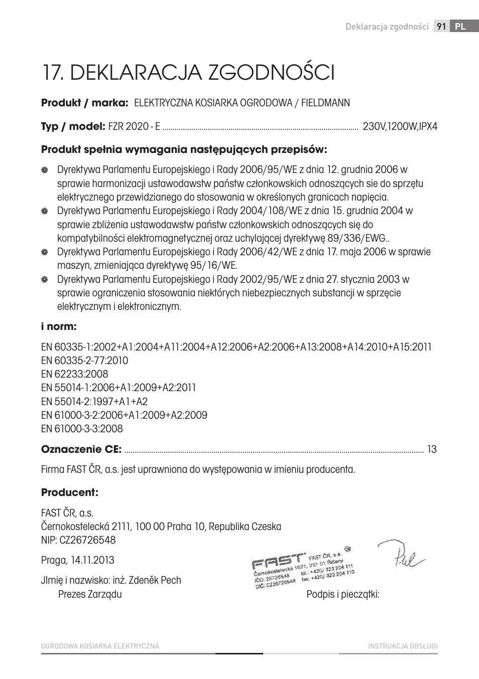 Deklaracja zgodności | Fieldmann FZR 2020-E User Manual | Page 91 / 116