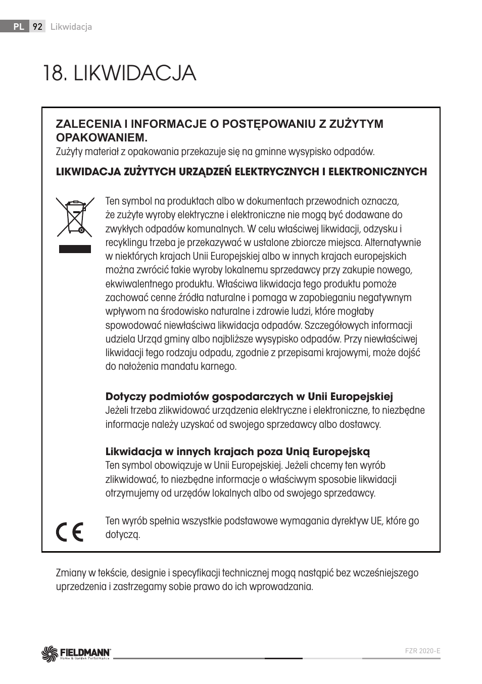 Likwidacja | Fieldmann FZR 2020-E User Manual | Page 92 / 116