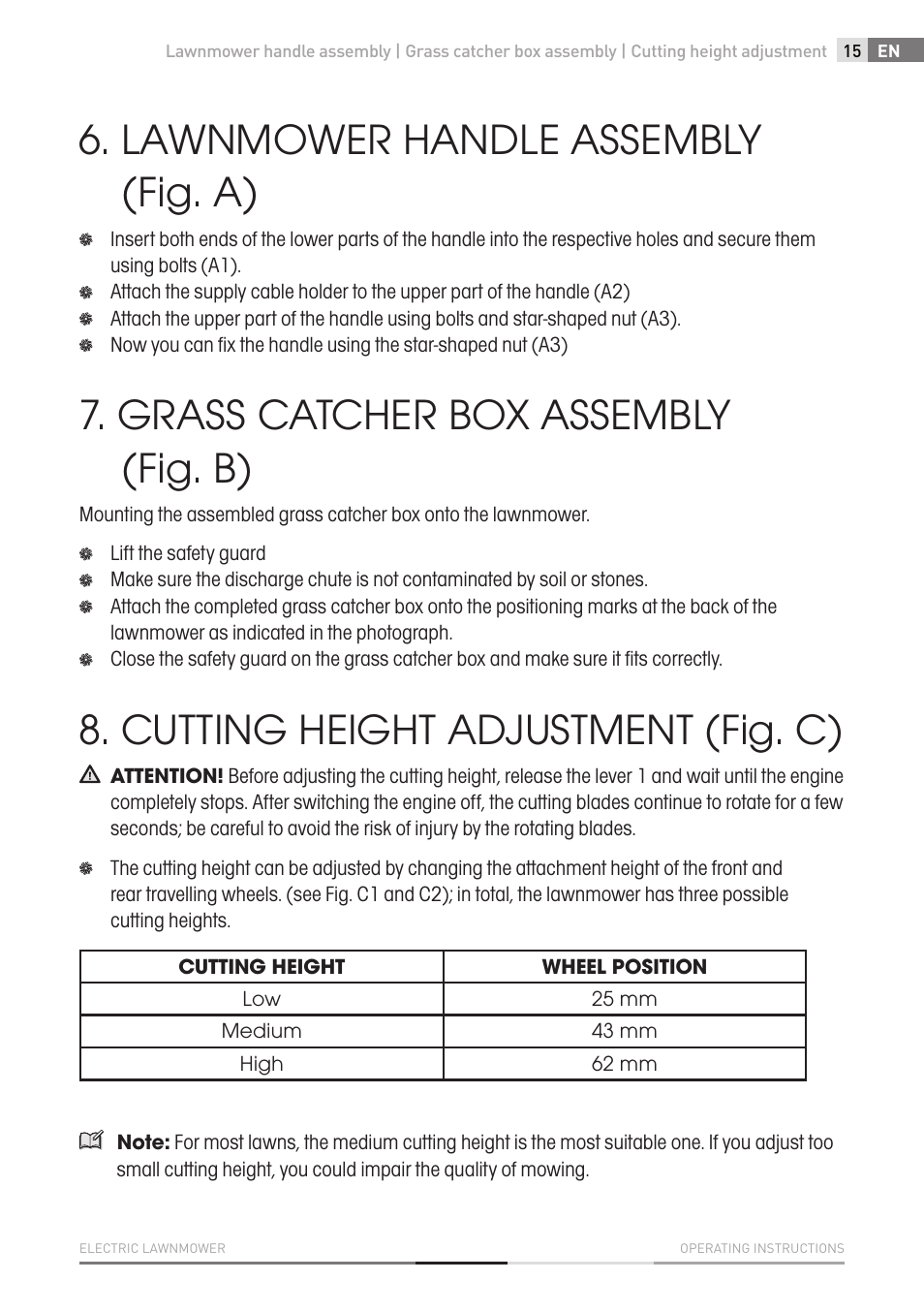 Lawnmower handle assembly (fig. a), Grass catcher box assembly (fig. b), Cutting height adjustment (fig. c) | Fieldmann FZR 2010-E User Manual | Page 15 / 116