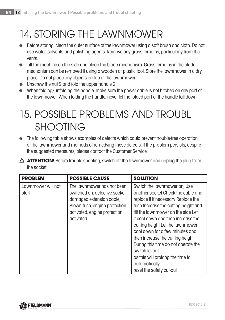 Storing the lawnmower, Possible problems and troubl shooting | Fieldmann FZR 2010-E User Manual | Page 18 / 116