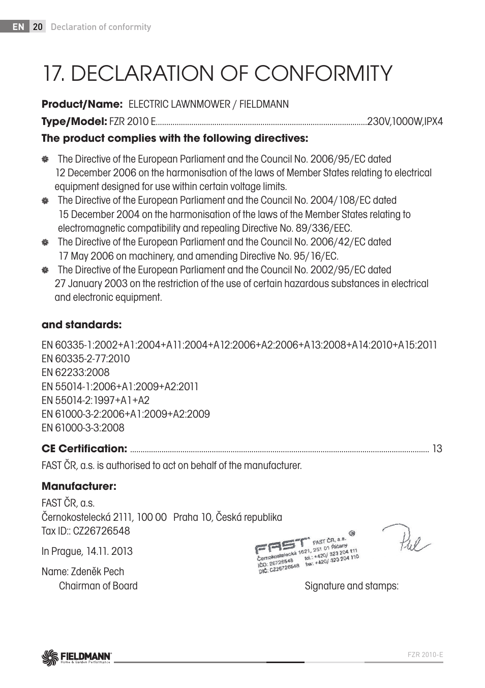 Declaration of conformity | Fieldmann FZR 2010-E User Manual | Page 20 / 116