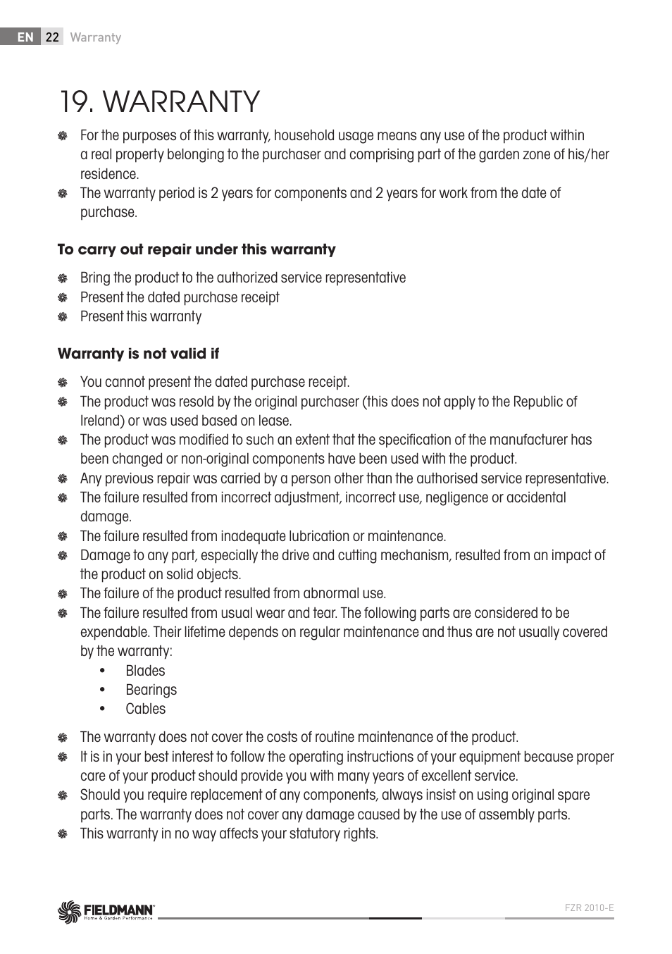 Warranty | Fieldmann FZR 2010-E User Manual | Page 22 / 116