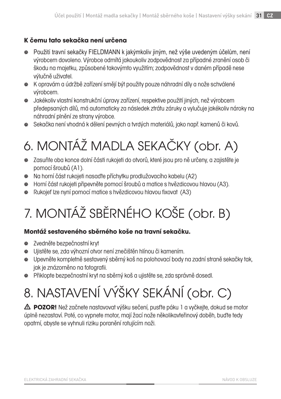 Montáž madla sekačky (obr. a), Montáž sběrného koše (obr. b), Nastavení výšky sekání (obr. c) | Fieldmann FZR 2010-E User Manual | Page 31 / 116