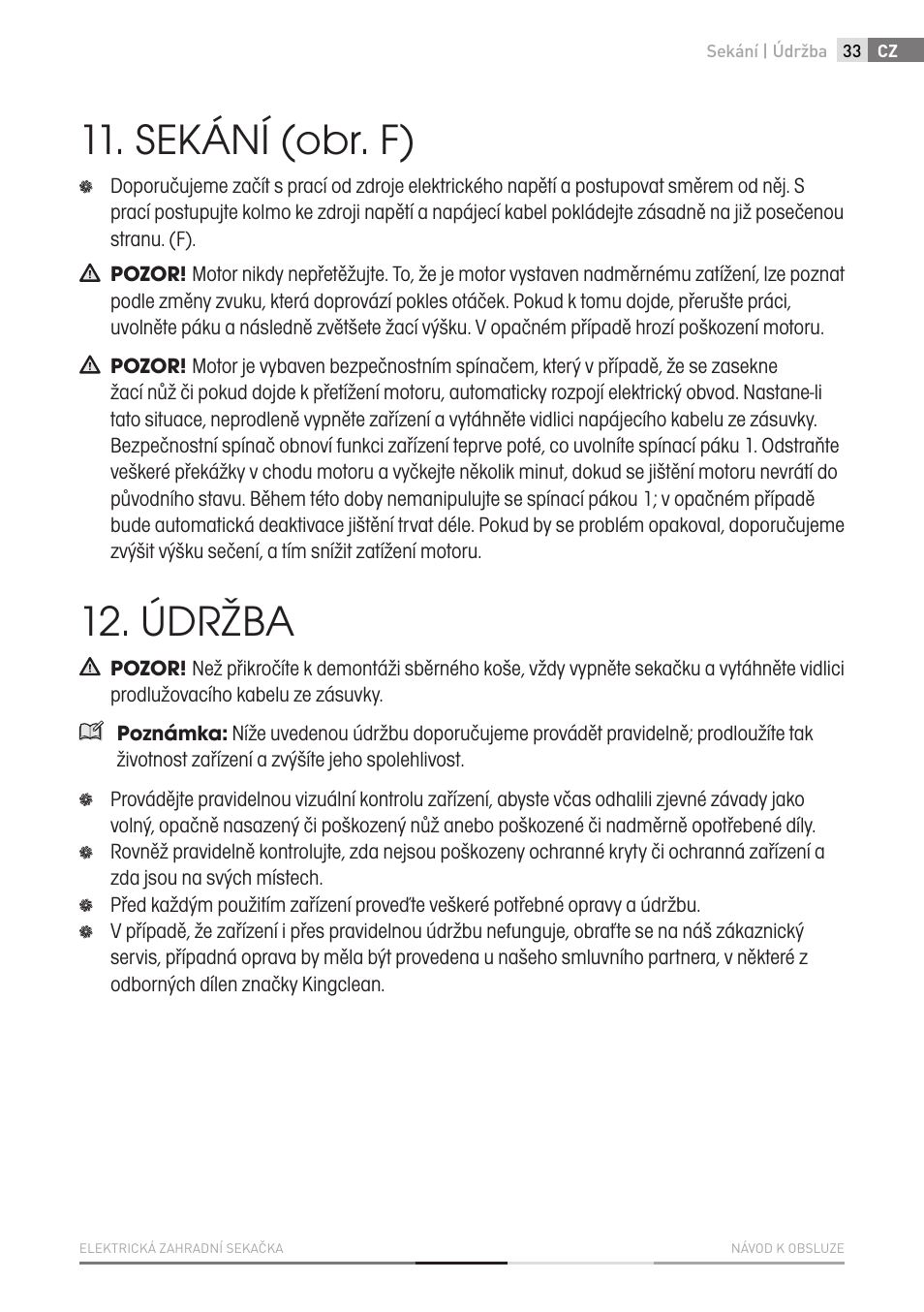Sekání (obr. f), Údržba | Fieldmann FZR 2010-E User Manual | Page 33 / 116