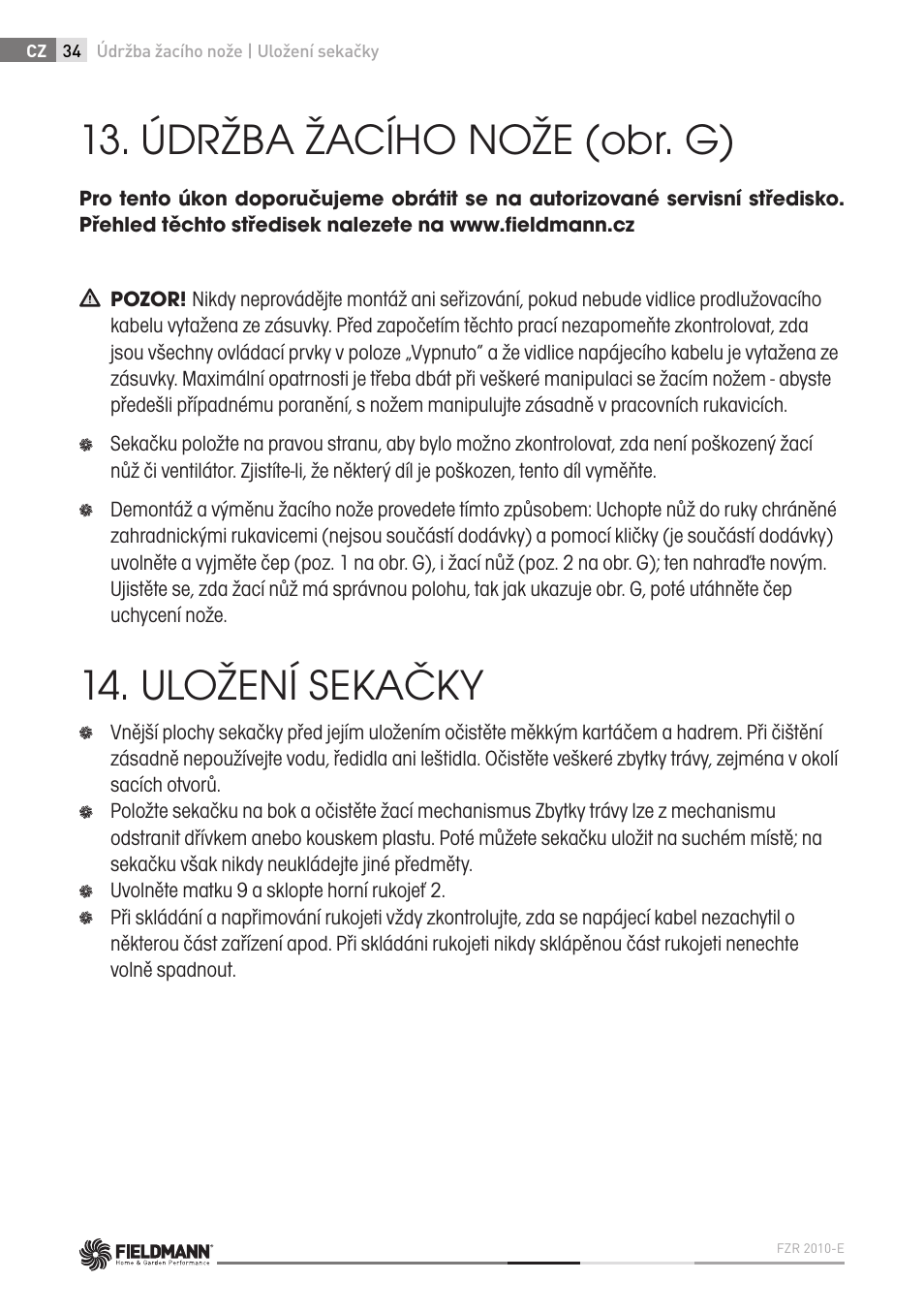 Údržba žacího nože (obr. g), Uložení sekačky | Fieldmann FZR 2010-E User Manual | Page 34 / 116