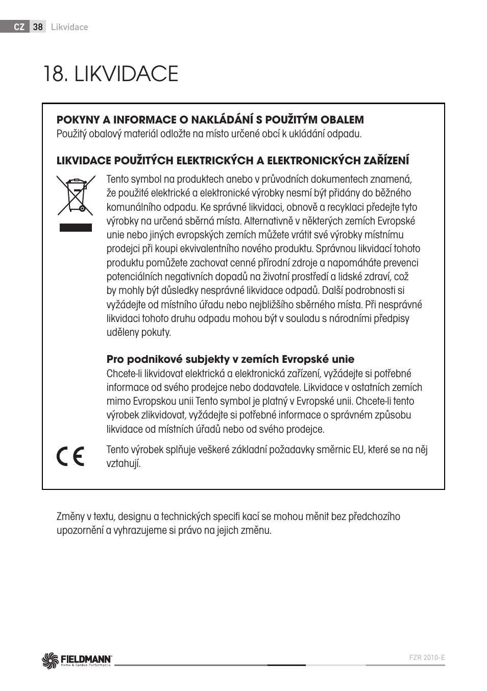 Likvidace | Fieldmann FZR 2010-E User Manual | Page 38 / 116