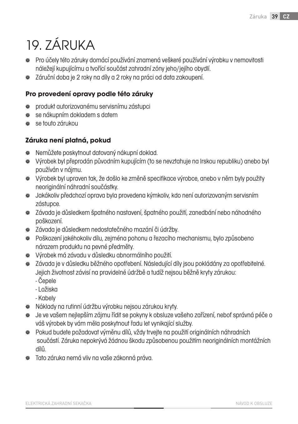 Záruka | Fieldmann FZR 2010-E User Manual | Page 39 / 116