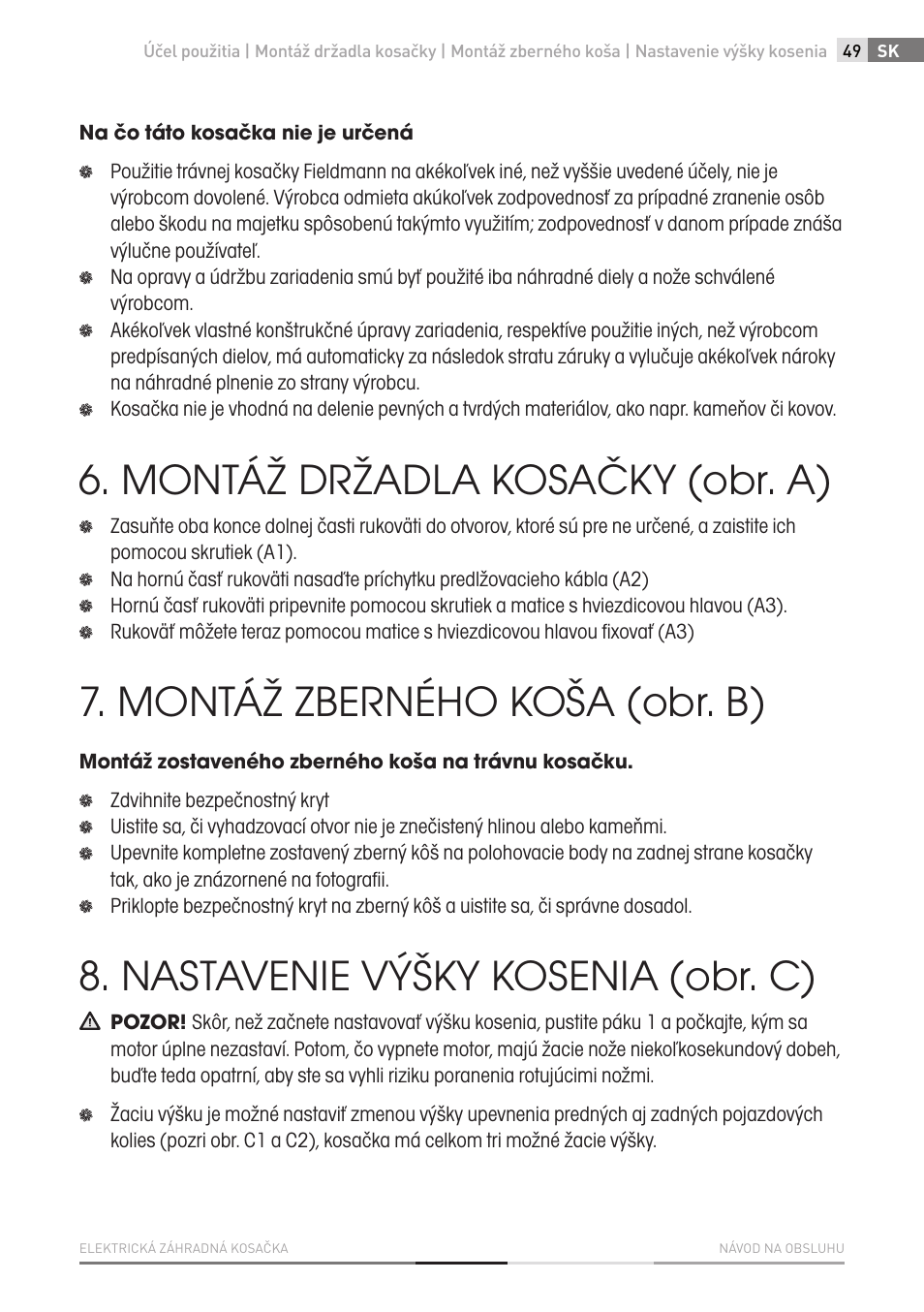 Montáž držadla kosačky (obr. a), Montáž zberného koša (obr. b), Nastavenie výšky kosenia (obr. c) | Fieldmann FZR 2010-E User Manual | Page 49 / 116