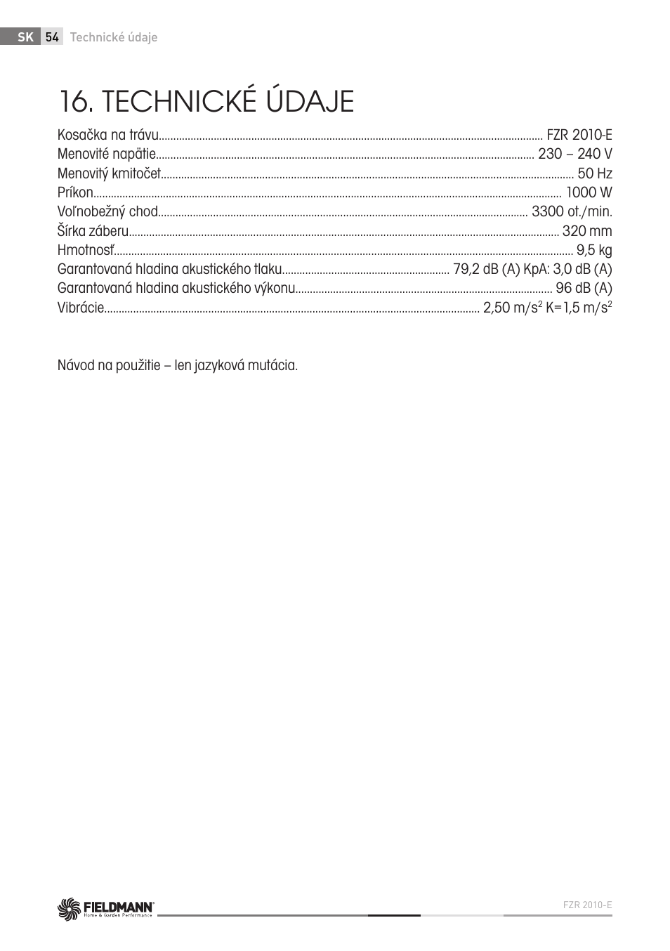 Technické údaje | Fieldmann FZR 2010-E User Manual | Page 54 / 116