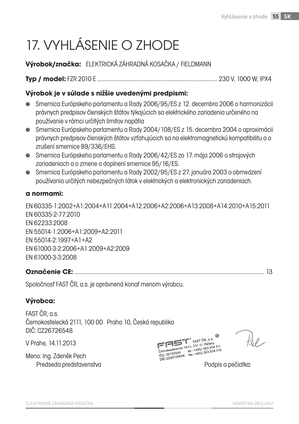Vyhlásenie o zhode | Fieldmann FZR 2010-E User Manual | Page 55 / 116