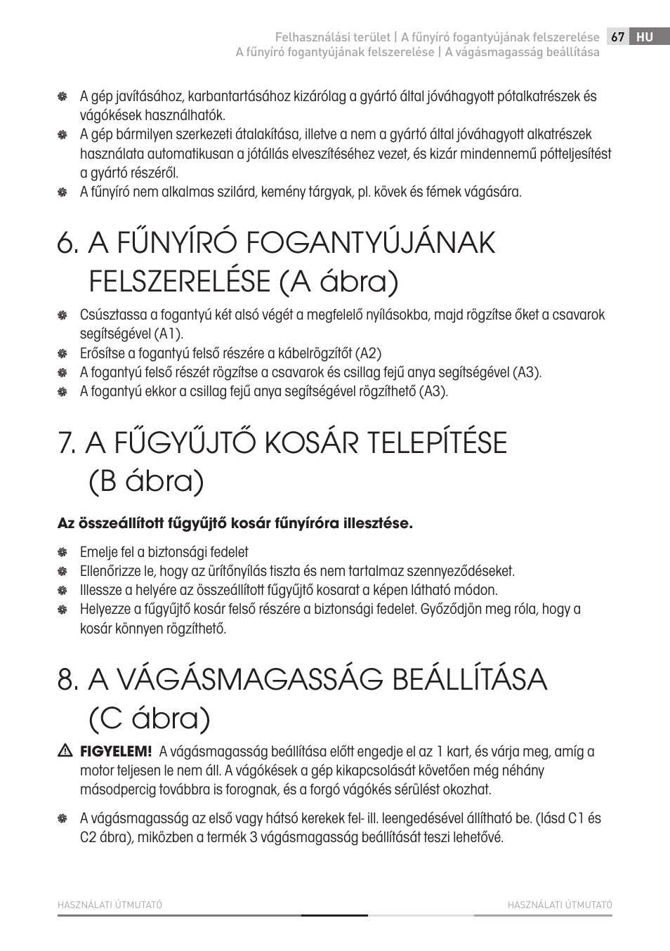 A fűnyíró fogantyújának felszerelése (a ábra), A fűgyűjtő kosár telepítése (b ábra), A vágásmagasság beállítása (c ábra) | Fieldmann FZR 2010-E User Manual | Page 67 / 116