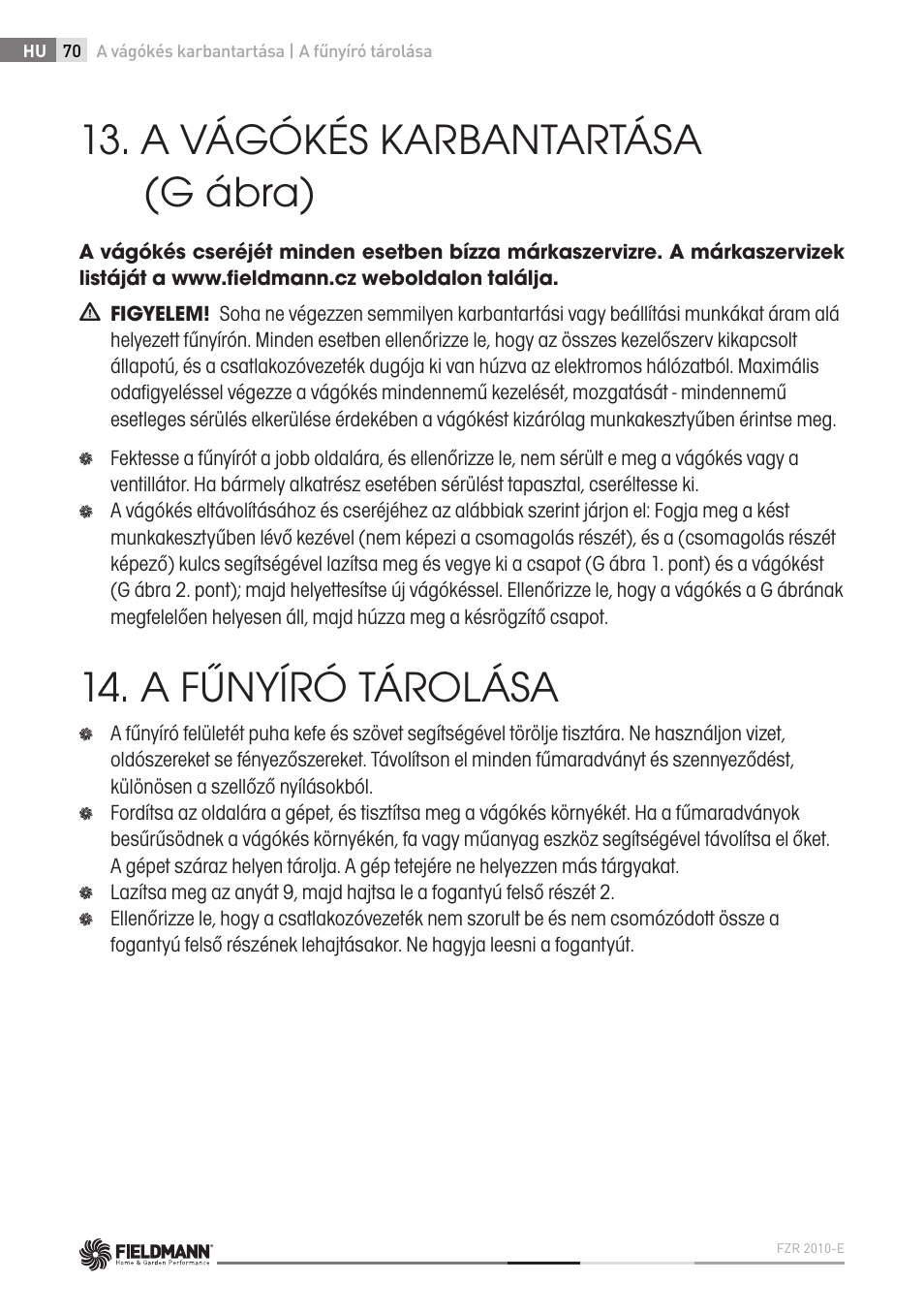 A vágókés karbantartása (g ábra), A fűnyíró tárolása | Fieldmann FZR 2010-E User Manual | Page 70 / 116