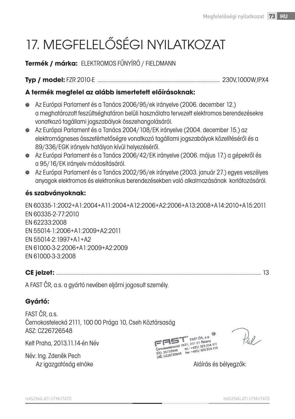 Megfelelőségi nyilatkozat | Fieldmann FZR 2010-E User Manual | Page 73 / 116