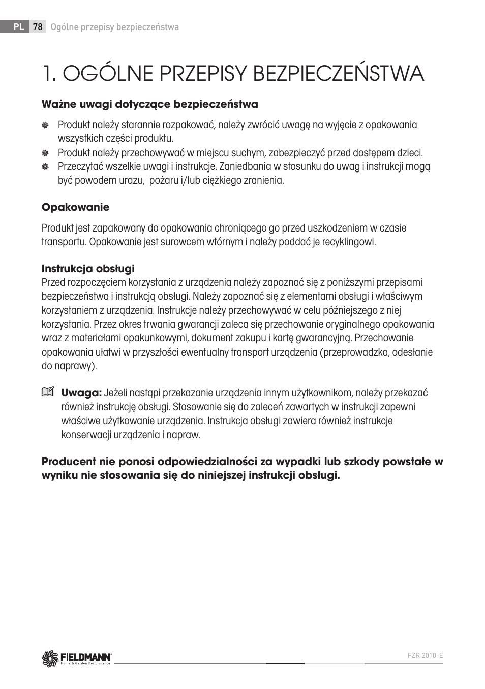 Ogólne przepisy bezpieczeństwa | Fieldmann FZR 2010-E User Manual | Page 78 / 116