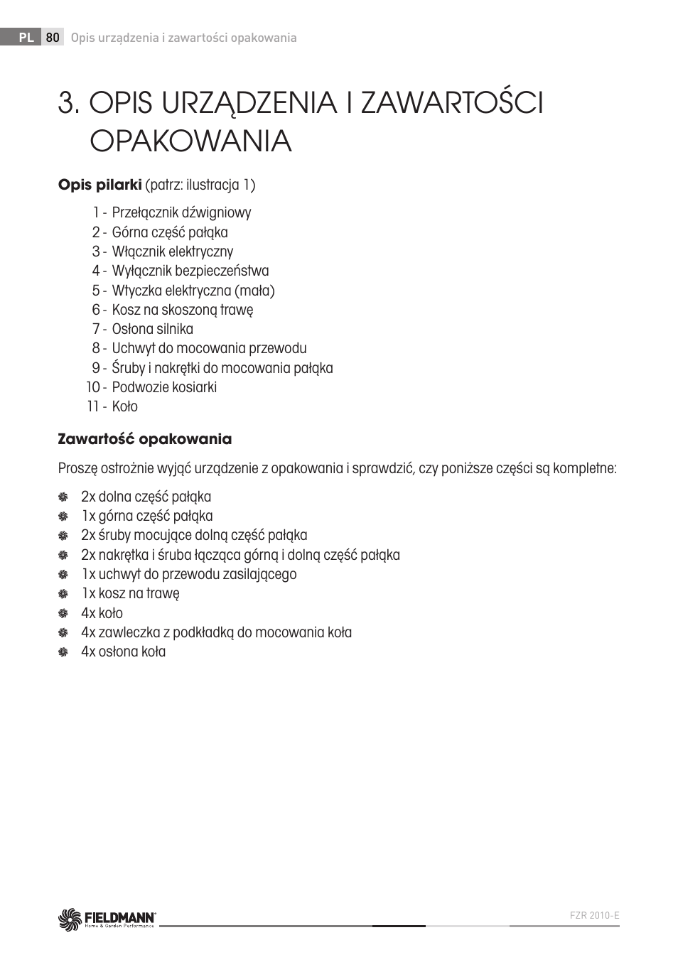 Opis urządzenia i zawartości opakowania | Fieldmann FZR 2010-E User Manual | Page 80 / 116