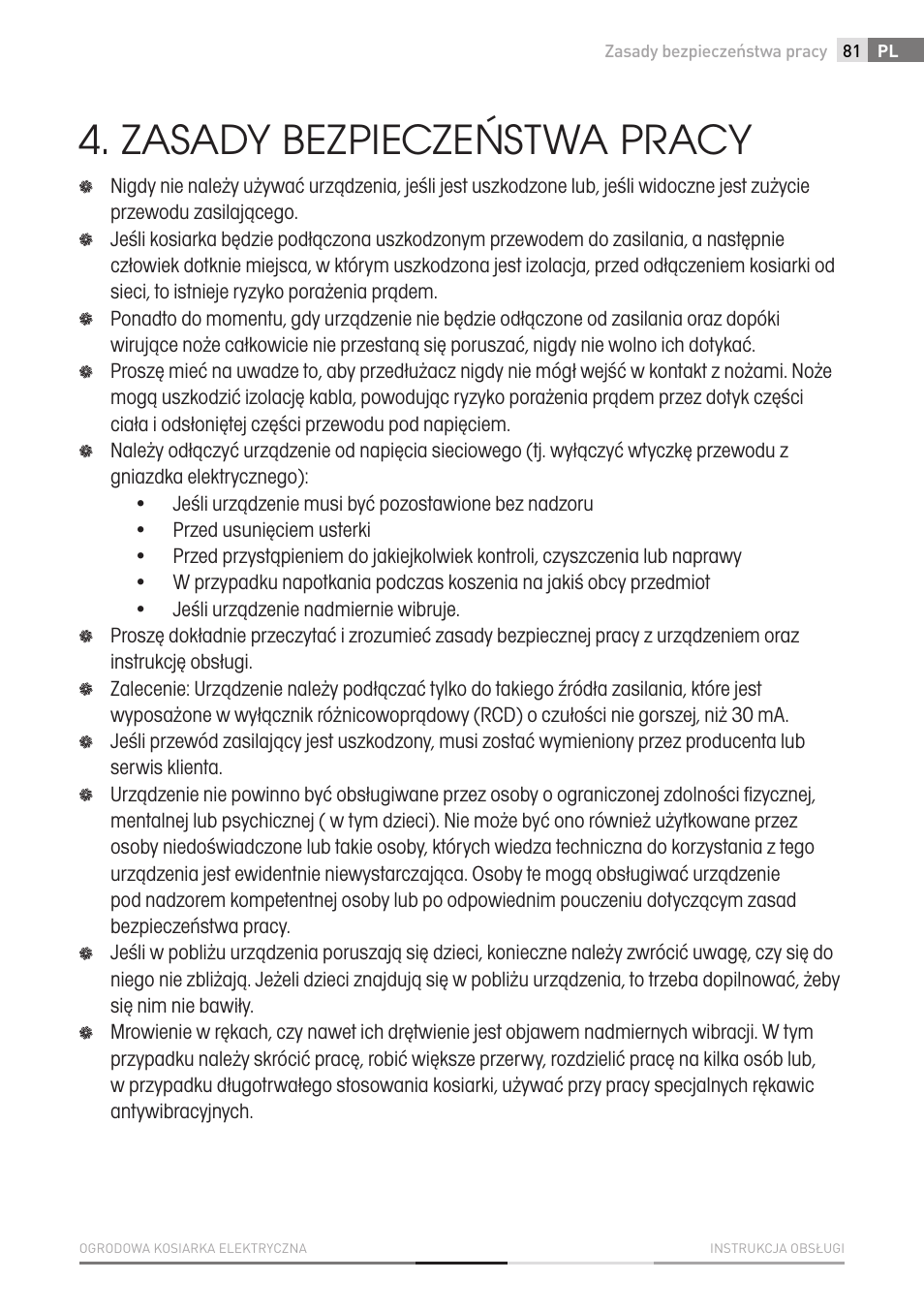Zasady bezpieczeństwa pracy | Fieldmann FZR 2010-E User Manual | Page 81 / 116