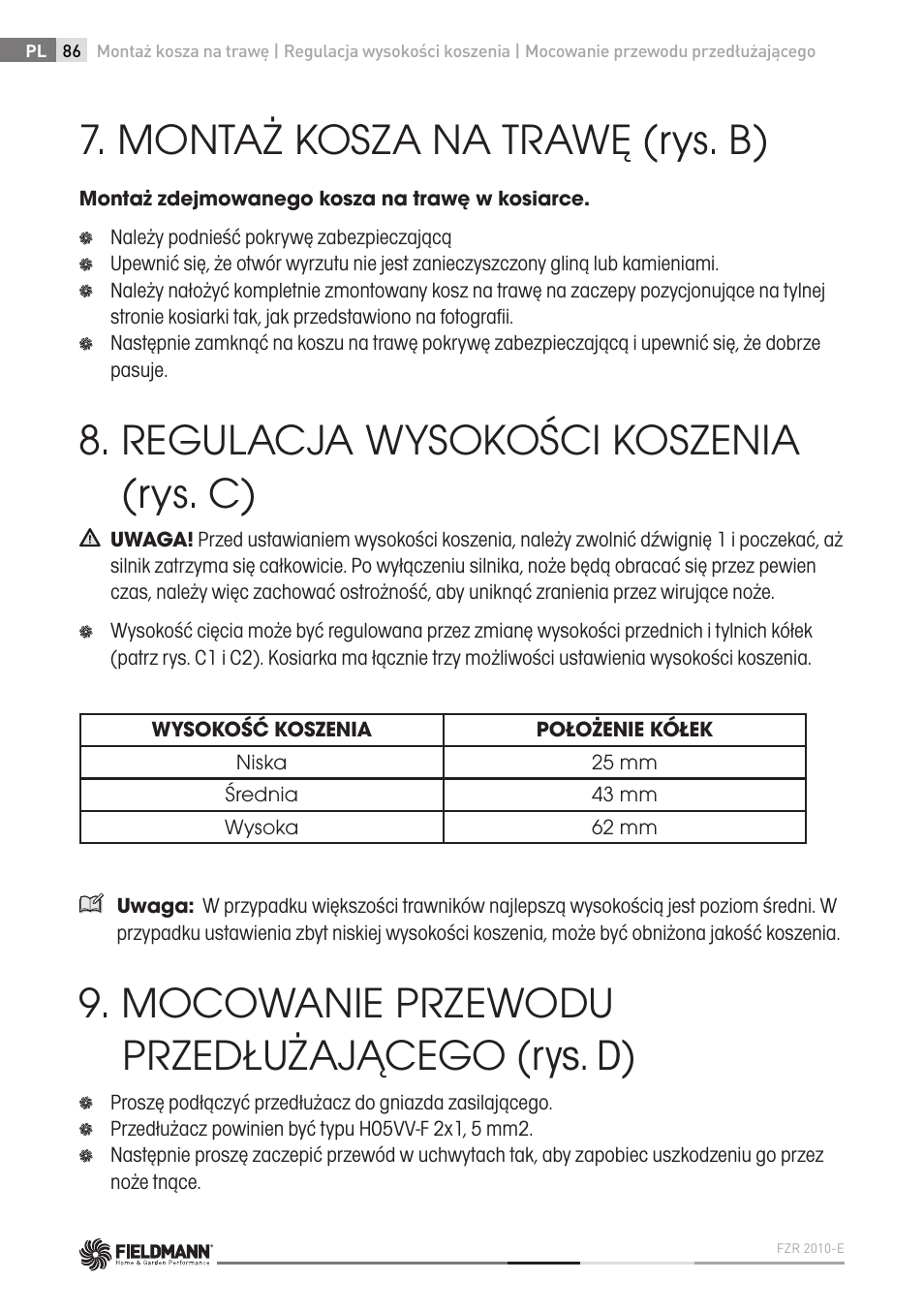 Montaż kosza na trawę (rys. b), Regulacja wysokości koszenia (rys. c), Mocowanie przewodu przedłużającego (rys. d) | Fieldmann FZR 2010-E User Manual | Page 86 / 116