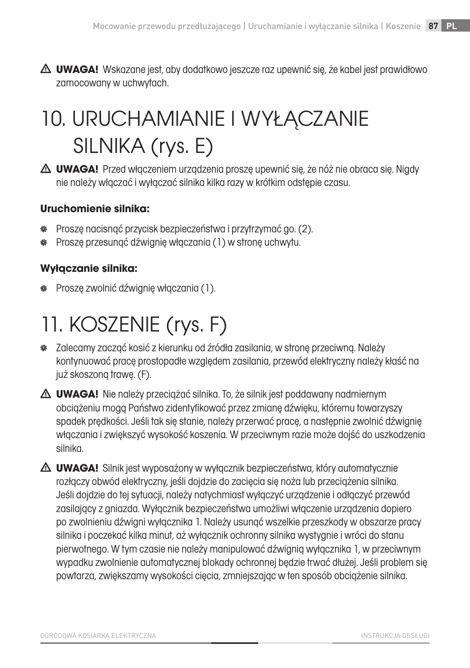 Uruchamianie i wyłączanie silnika (rys. e), Koszenie (rys. f) | Fieldmann FZR 2010-E User Manual | Page 87 / 116