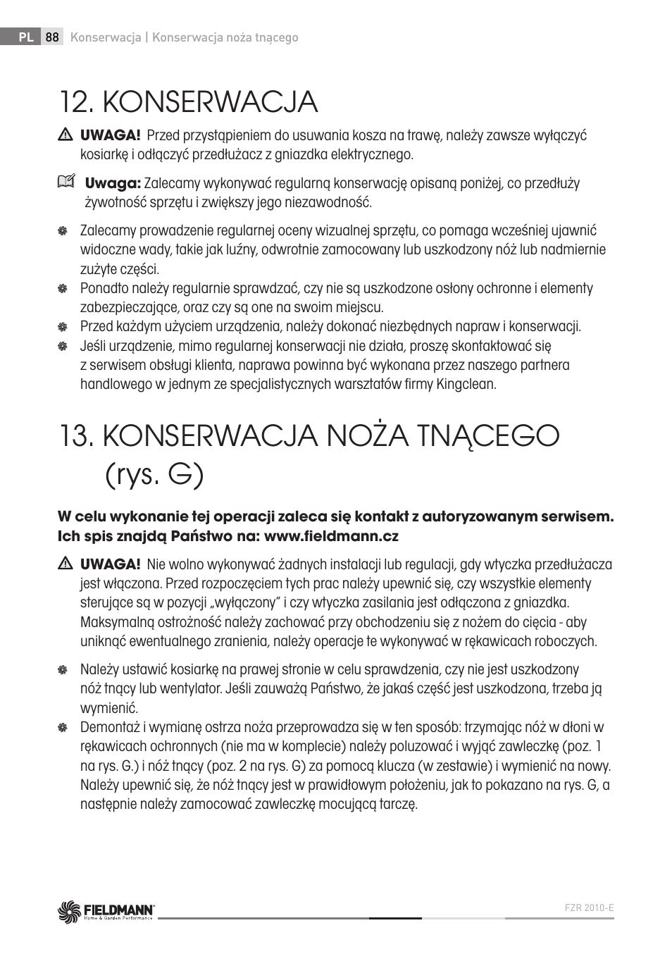 Konserwacja, Konserwacja noża tnącego (rys. g) | Fieldmann FZR 2010-E User Manual | Page 88 / 116