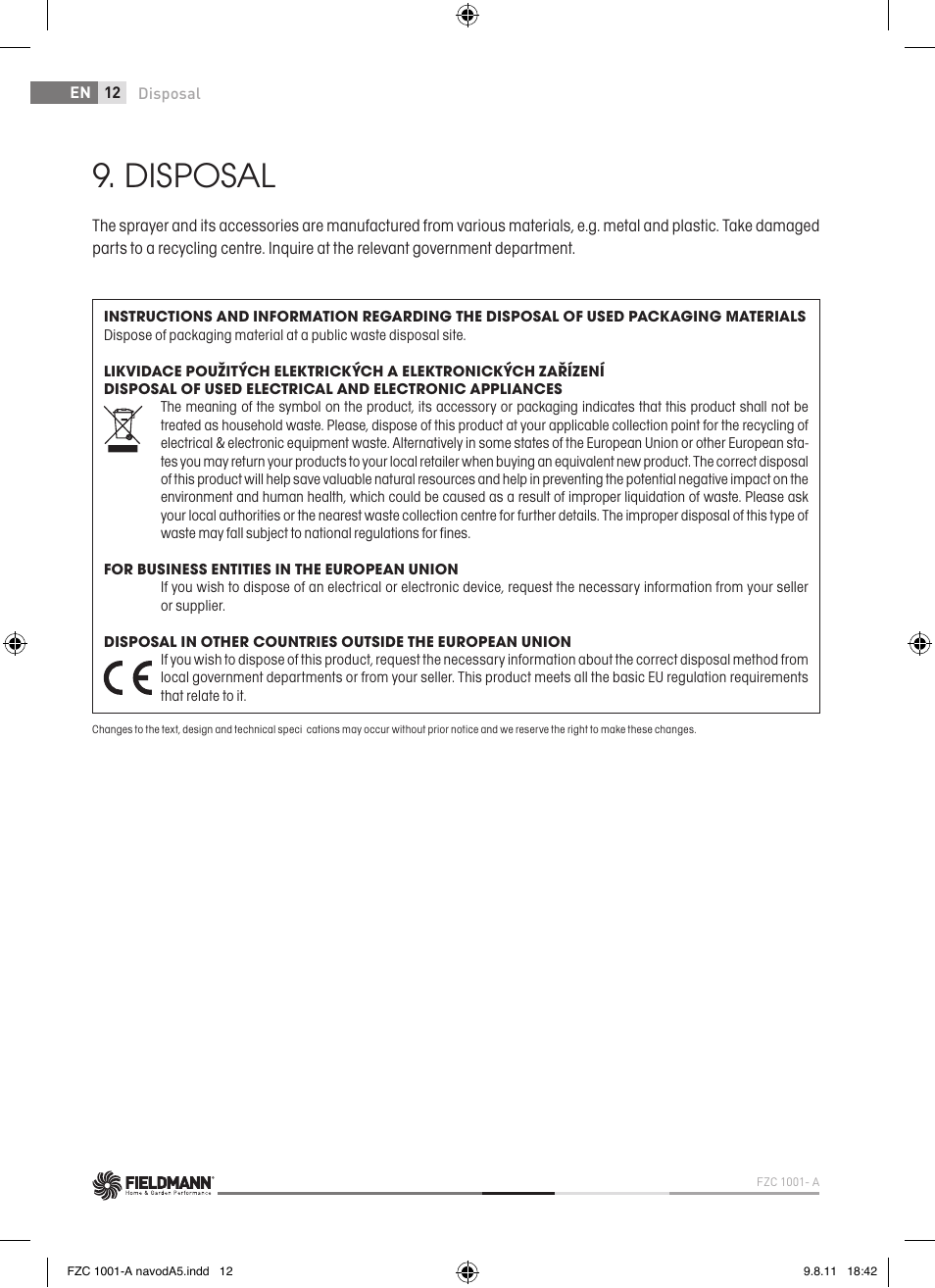 Disposal | Fieldmann FZC 1001-A User Manual | Page 12 / 64
