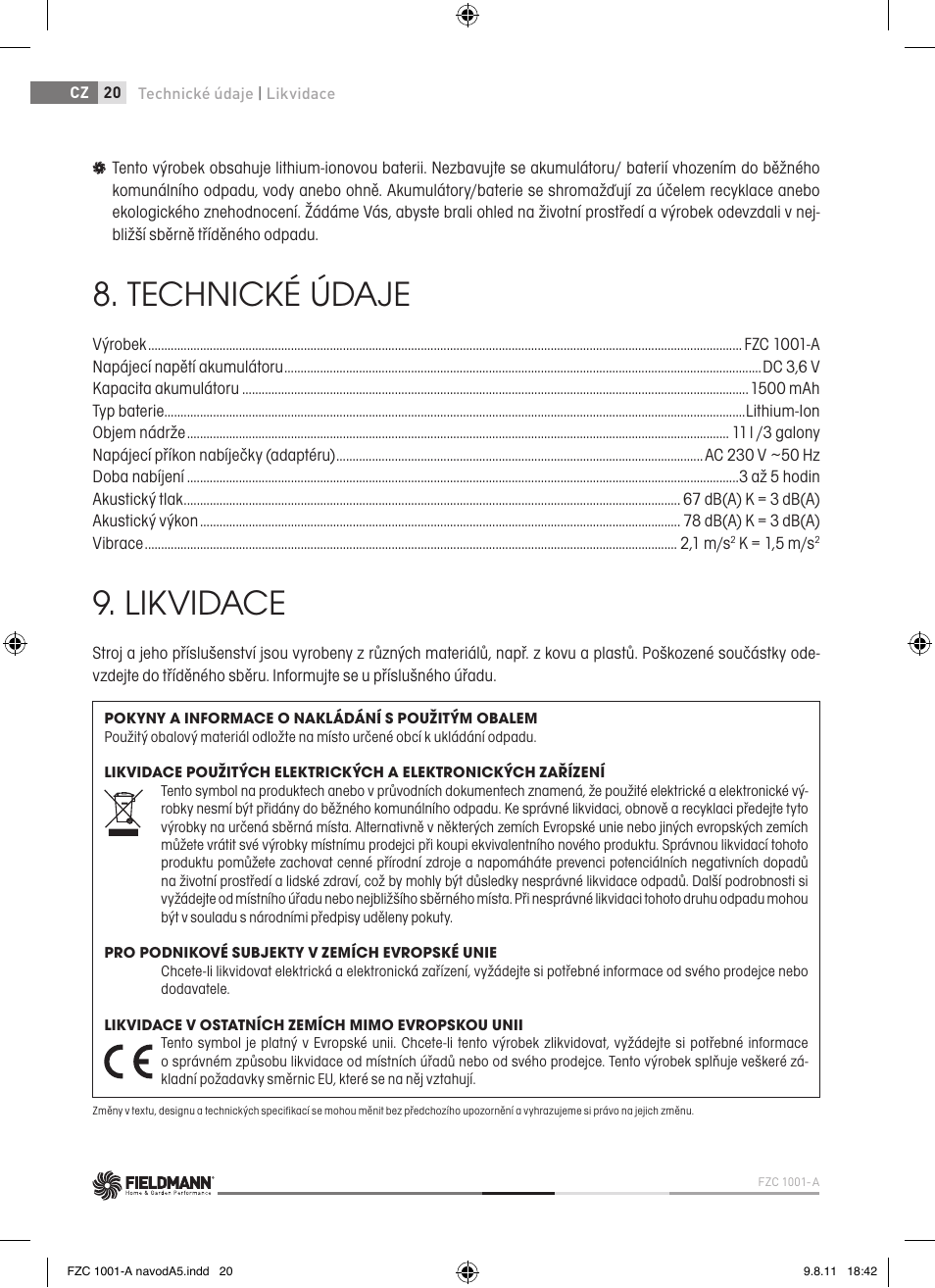 Technické údaje, Likvidace | Fieldmann FZC 1001-A User Manual | Page 20 / 64