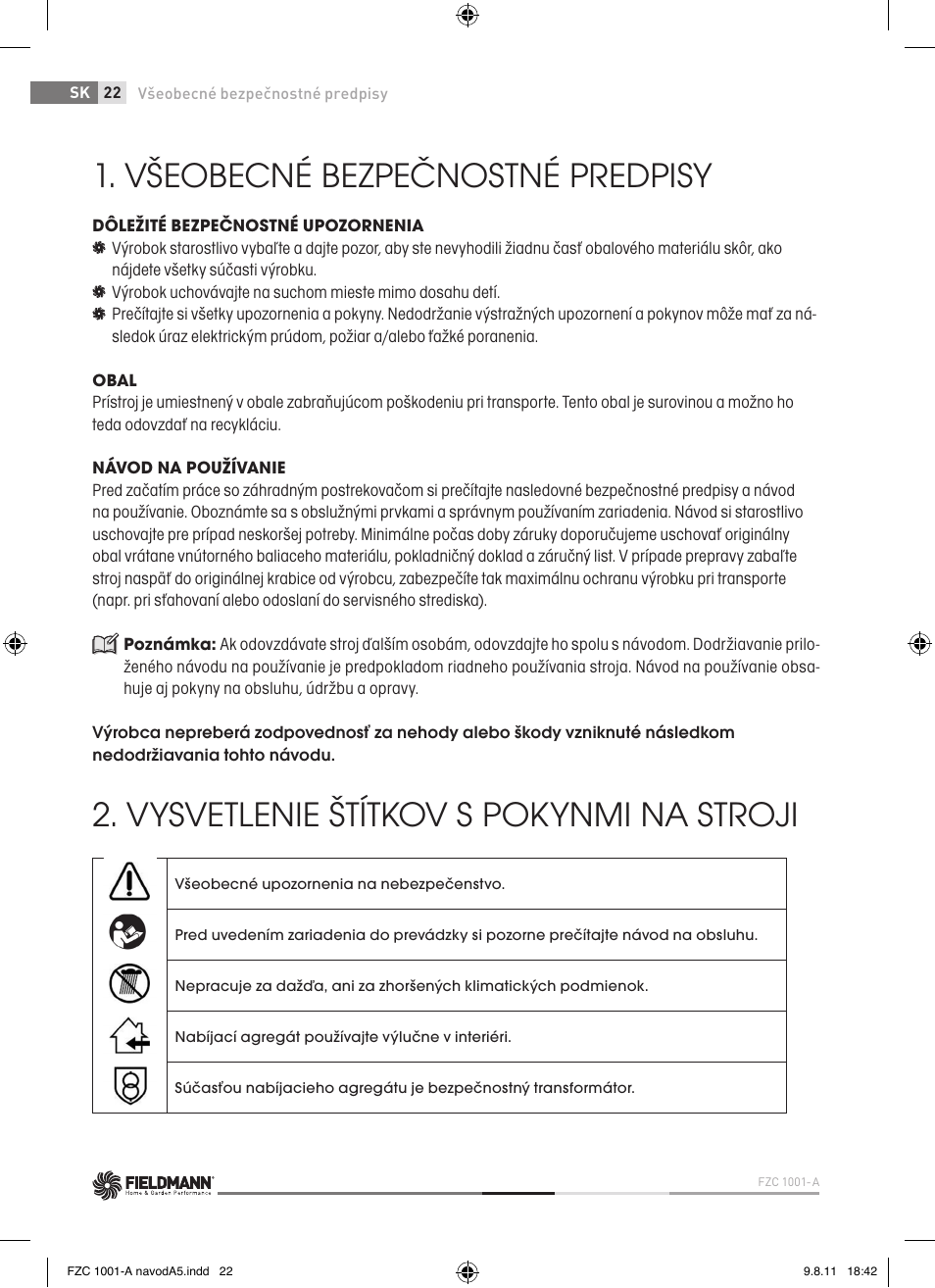 Všeobecné bezpečnostné predpisy, Vysvetlenie štítkov s pokynmi na stroji | Fieldmann FZC 1001-A User Manual | Page 22 / 64