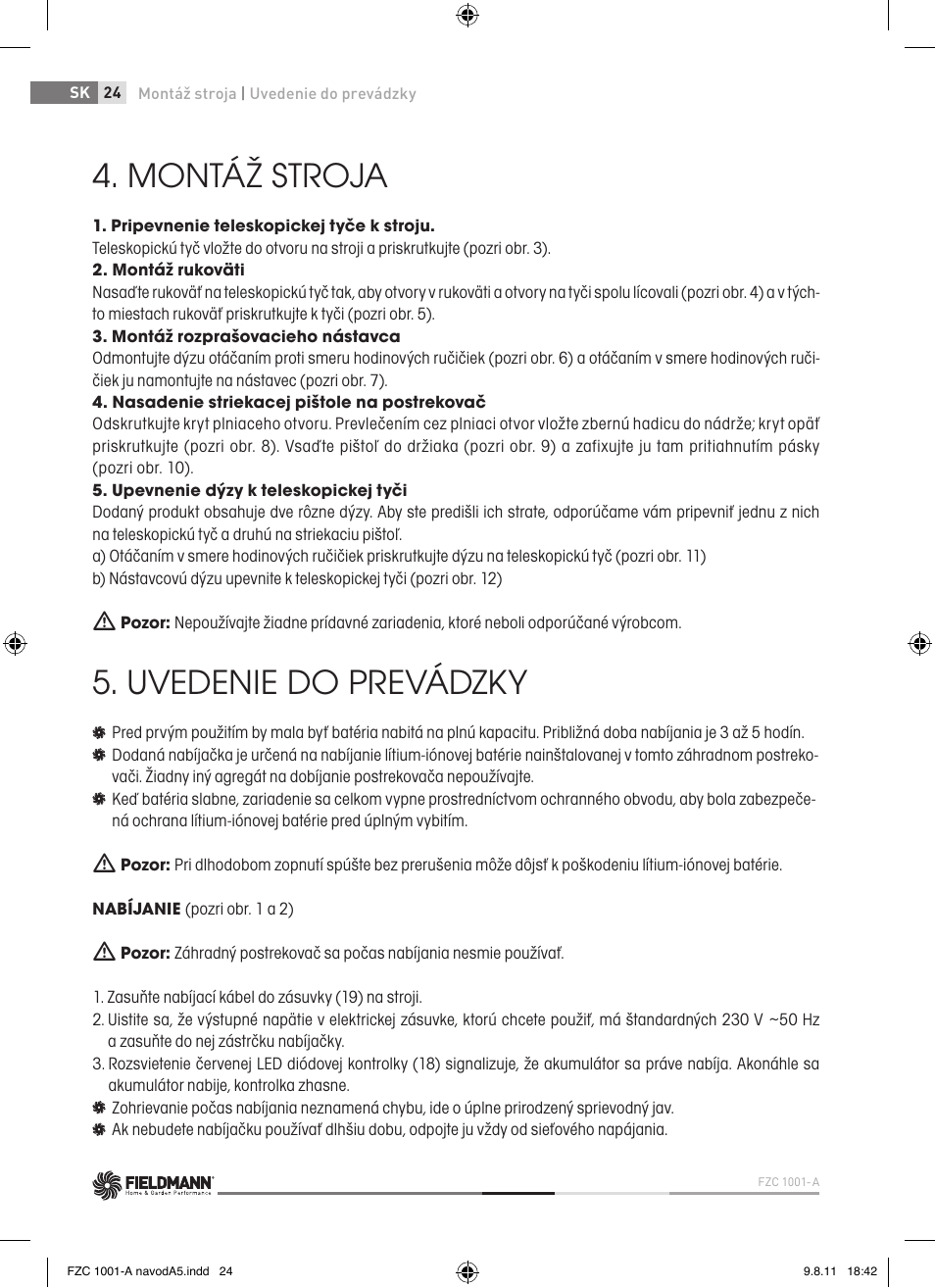 Montáž stroja, Uvedenie do prevádzky | Fieldmann FZC 1001-A User Manual | Page 24 / 64