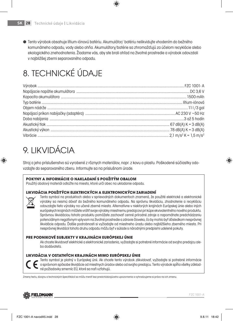Technické údaje, Likvidácia | Fieldmann FZC 1001-A User Manual | Page 28 / 64