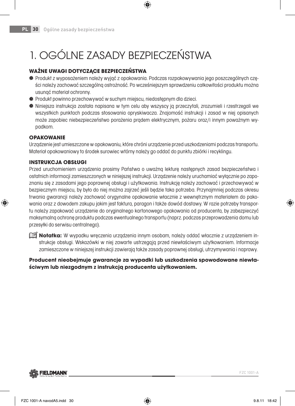Ogólne zasady bezpieczeństwa | Fieldmann FZC 1001-A User Manual | Page 30 / 64