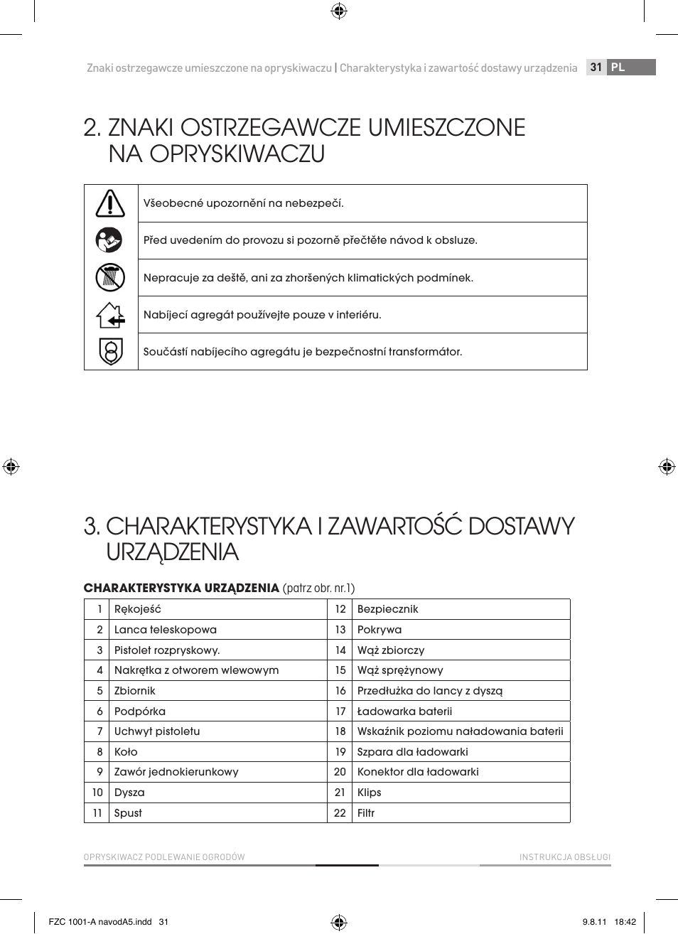 Znaki ostrzegawcze umieszczone na opryskiwaczu, Charakterystyka i zawartość dostawy urządzenia | Fieldmann FZC 1001-A User Manual | Page 31 / 64
