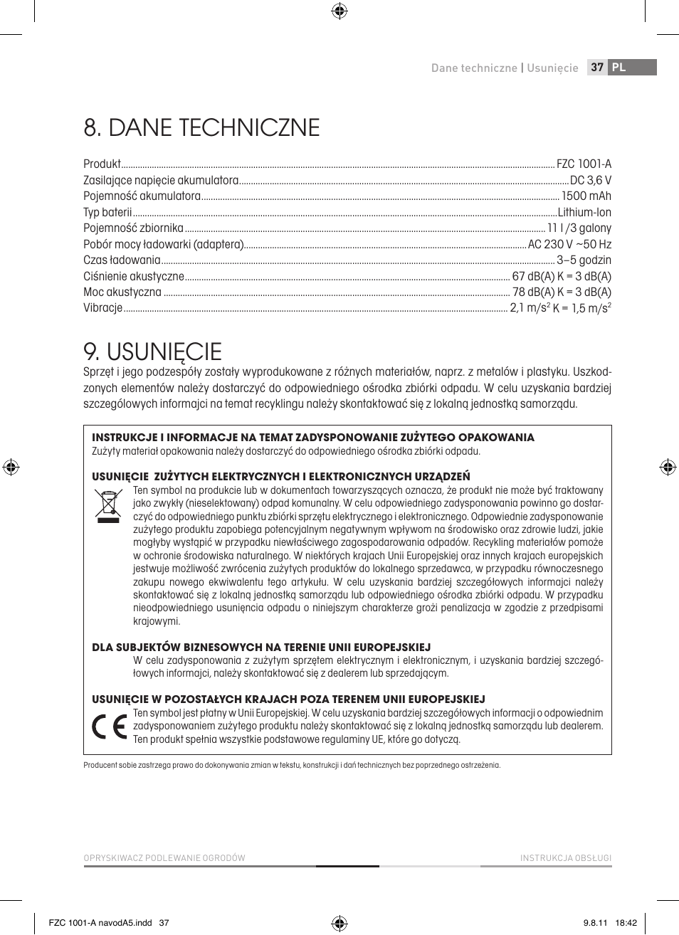 Dane techniczne, Usunięcie | Fieldmann FZC 1001-A User Manual | Page 37 / 64