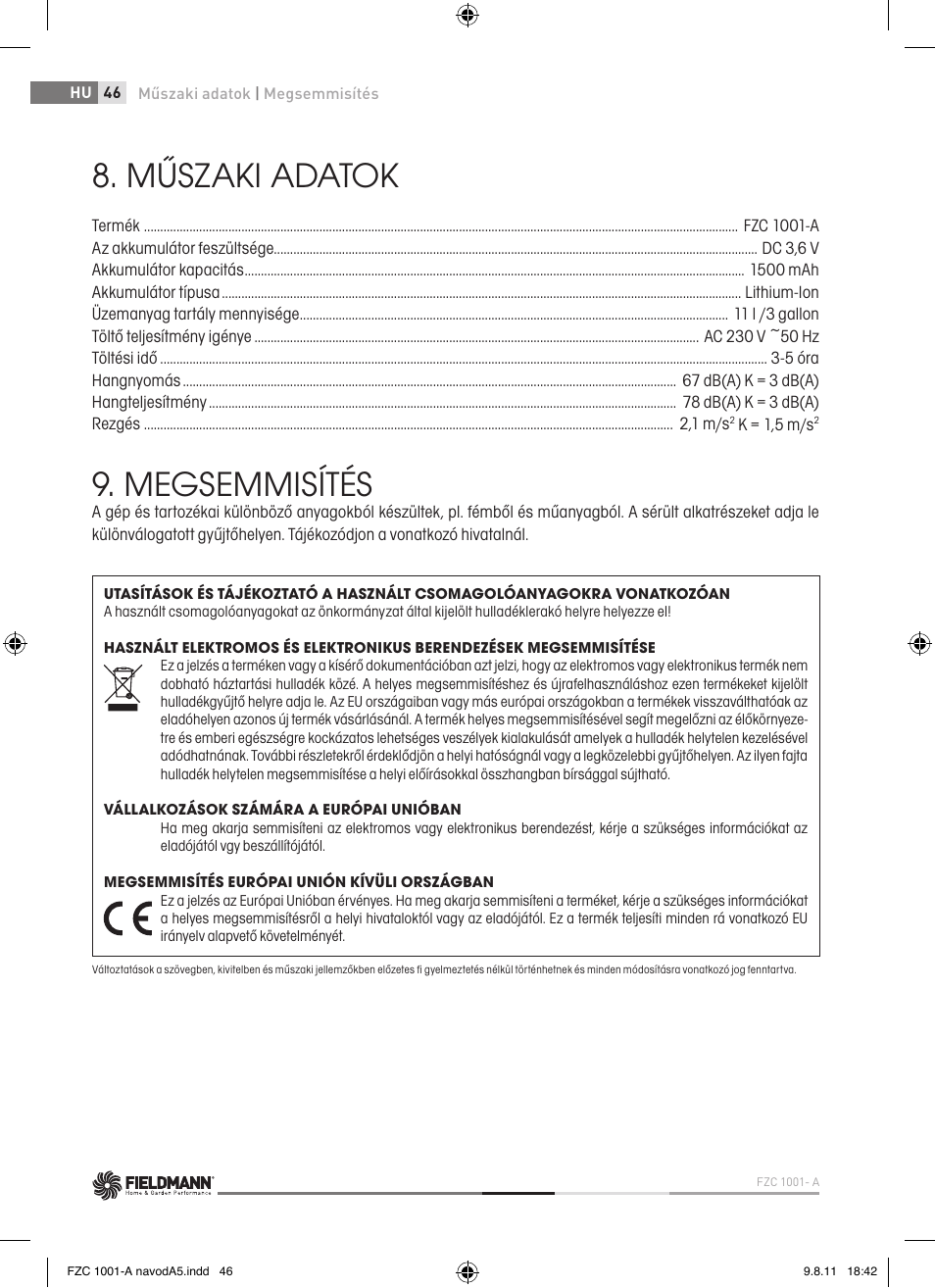 Műszaki adatok, Megsemmisítés | Fieldmann FZC 1001-A User Manual | Page 46 / 64