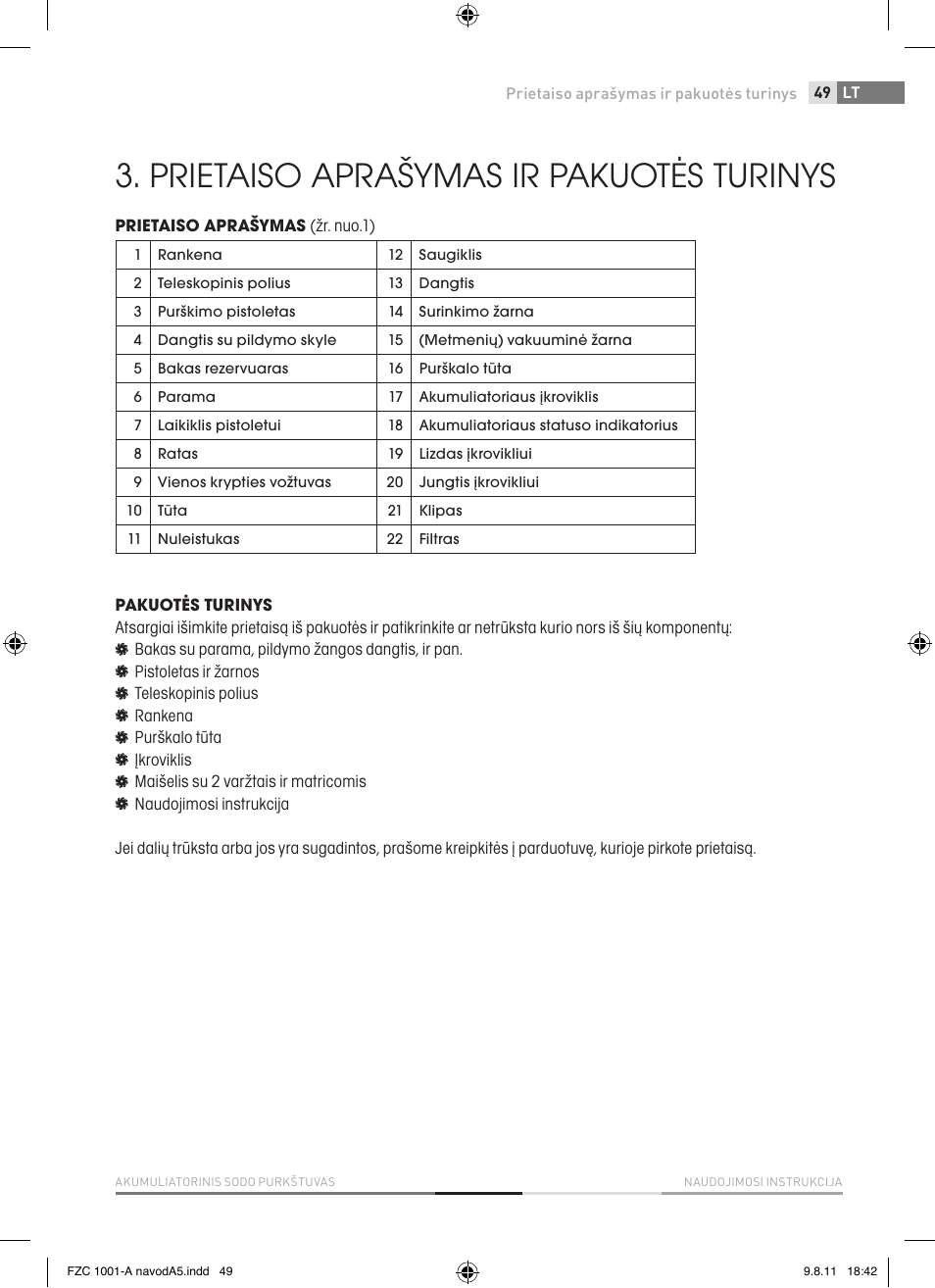 Prietaiso aprašymas ir pakuotės turinys | Fieldmann FZC 1001-A User Manual | Page 49 / 64