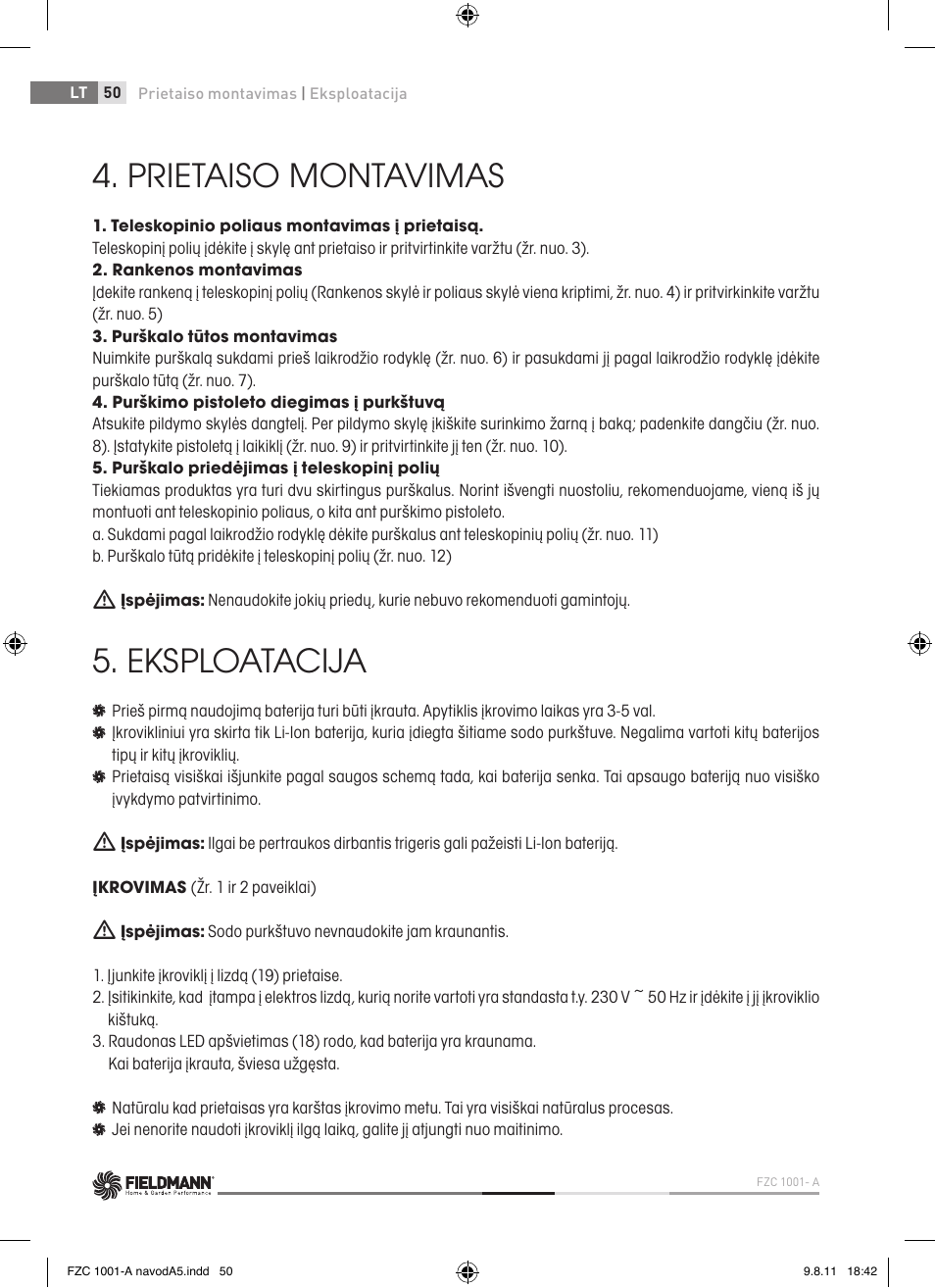 Prietaiso montavimas, Eksploatacija | Fieldmann FZC 1001-A User Manual | Page 50 / 64