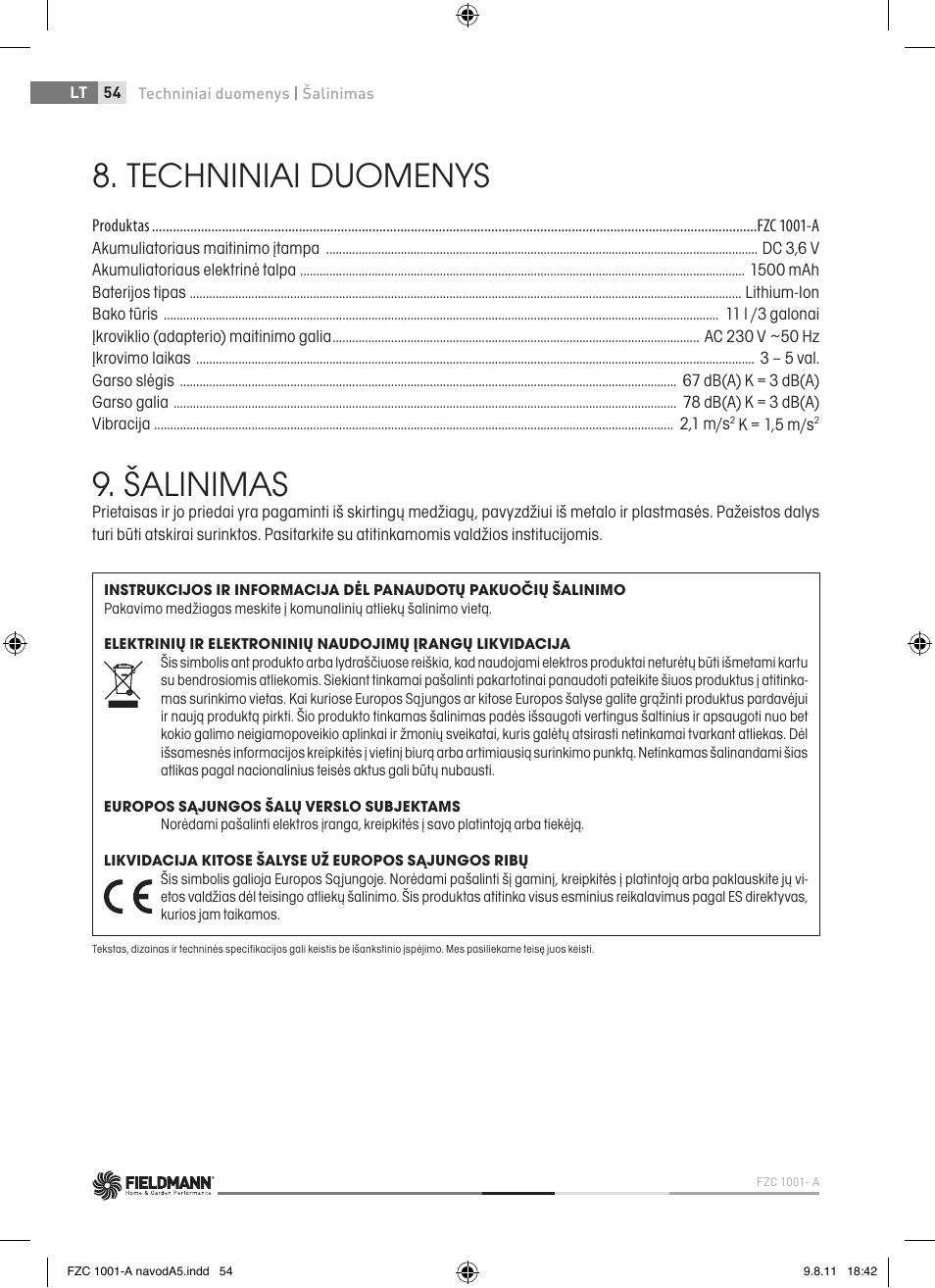 Techniniai duomenys, Šalinimas | Fieldmann FZC 1001-A User Manual | Page 54 / 64